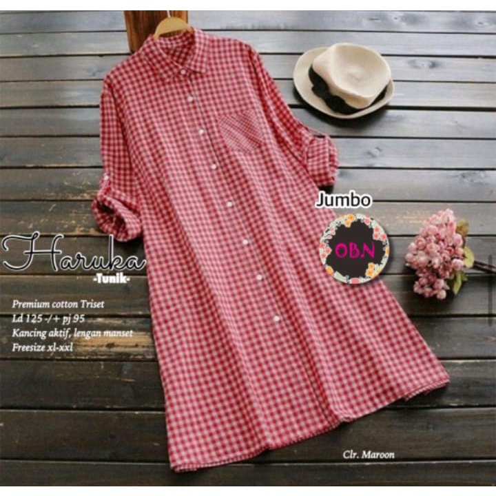 haruka tunik jumbo atasan pakaian longtunik kemeja katun kotak ld 125  big over extra size bigsize b