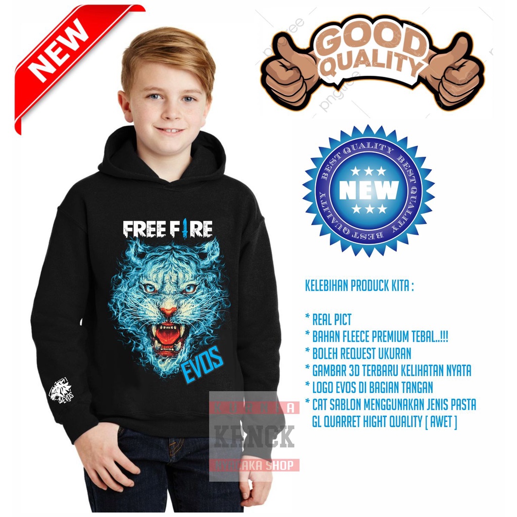 Jaket FF Anak Hoodie Jumper Free Fire Sweater Anak Jaket Garena Usia 7-13 Tahun