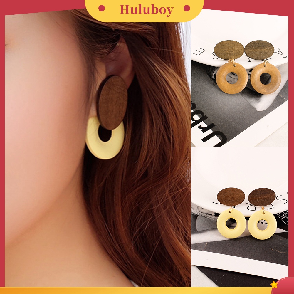 Hu Hu Hu Hu Hu Alat Bantu Pasang Kacamata♡ Anting Stud Bentuk Lingkaran Bahan Kayu Gaya Vintage Untuk Wanita