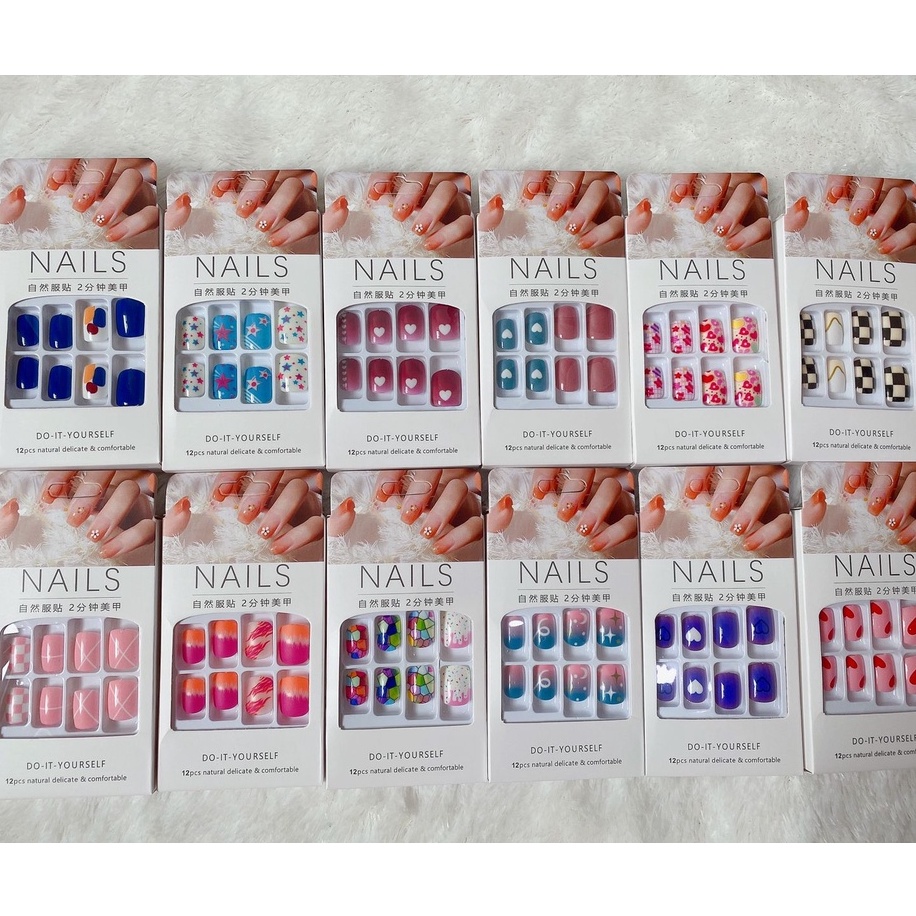 KUKU PALSU ANEKA MOTIF DAN WARNA PERBOX ISI 12 Kuku Palsu FREE LEM Motif Kartun Fake Nail Karakter Manicure Nail Stickers Wedding Pengantin Murah Import