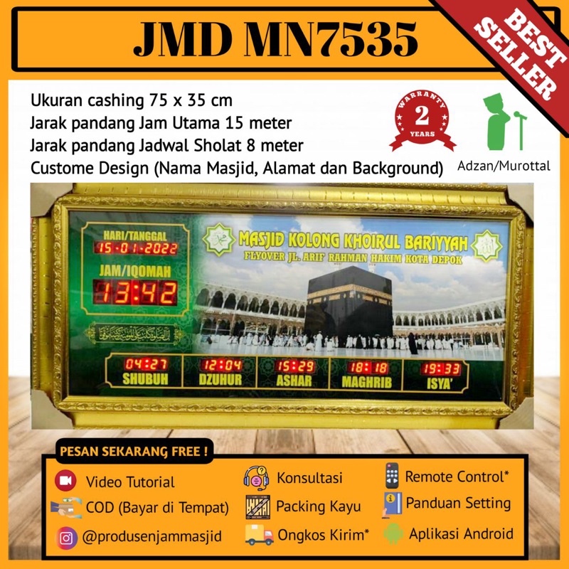 Jam Digital Masjid Jadwal Waktu Sholat Murah Garansi Musholla Custom Nama dan Background Foto Timer 
