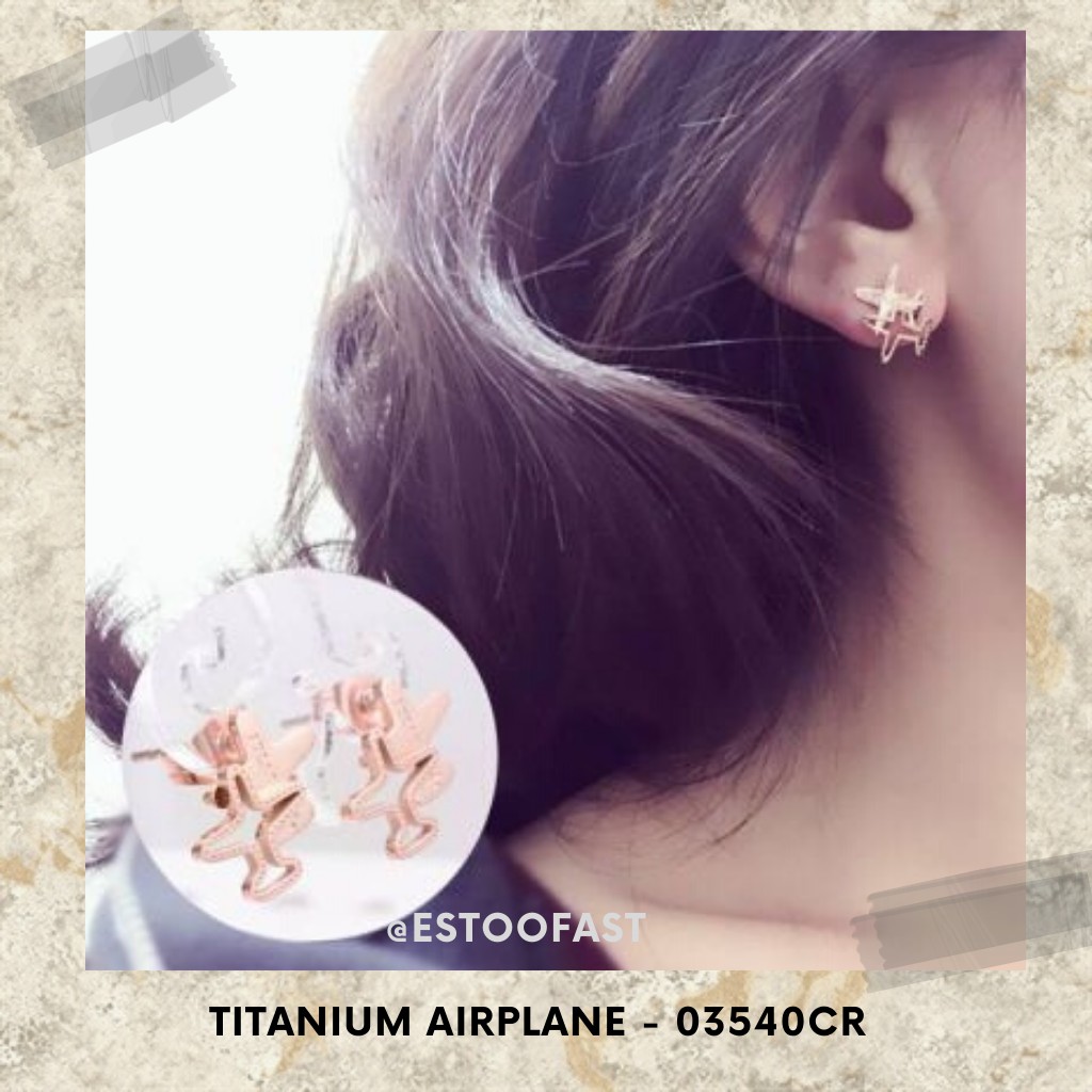 Anting Wanita Tusuk Titanium Kecil Pesawat Airplane Gold Fashion Cute Rose Gold