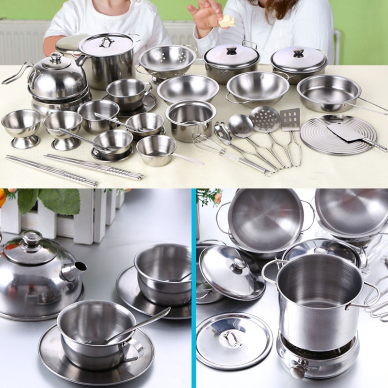 Mary 25Pcs Stainless Steel Mainan Dapur Rumah Anak Anak Berpura-Pura Bermain Peralatan Masak Memasak Playset