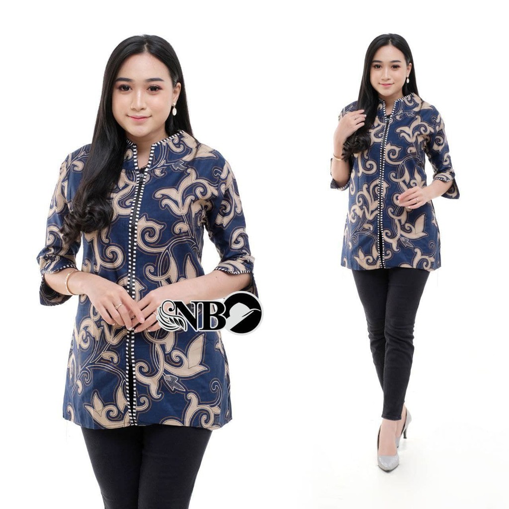 tey-17 Batik wanita ASJ SA HRB026 Kenongo Kemeja Tosca Pendek-B. Kangkung Navy