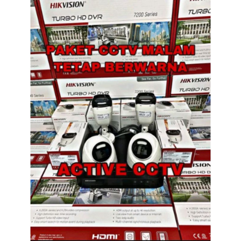 paket camera cctv 4 kamera hikvision 2mp colorvu 4 channel ch malam tetap berwarna colour 4ch