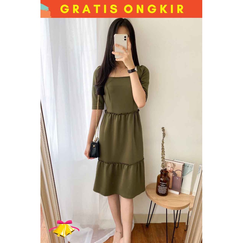 MELCHAN  COTTONBELLS CASUAL DRESS WANITA MYRA RUFFLE PLAID SQUARE TIED MIDI (AL - D 4049)