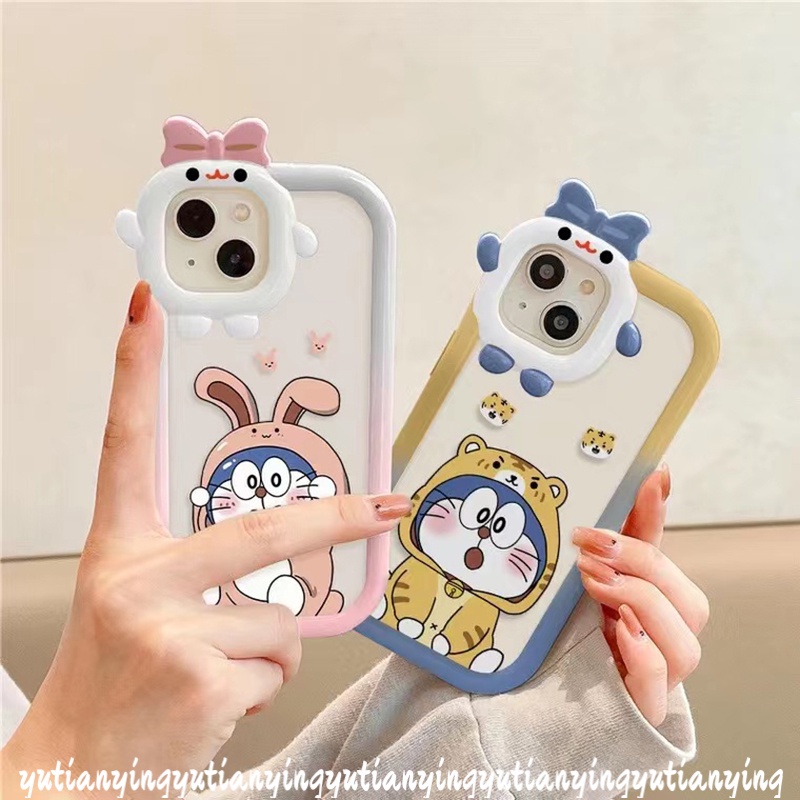 Kartun Doraemon Couple Case Oppo A17 A15 A54 A57 2022 A55 A3s A7 A5s A12 A53 A33 A76 A96 A17K Reno 4F 5F 5 7 A74 A95 A16K A52 A16 A5 A9 A31 A16s 3D Bow-knot Little Monster Cover