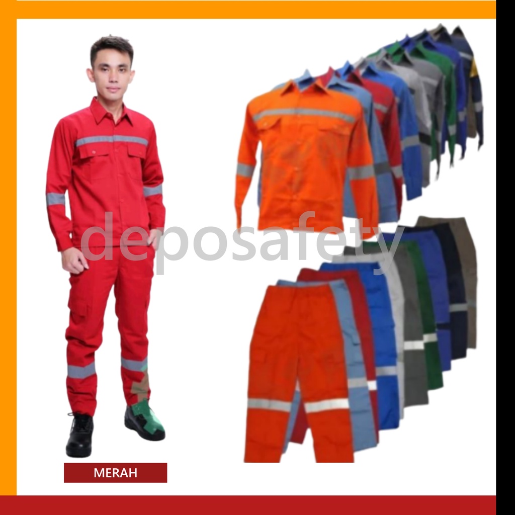 Wearpack Safety Setelan Baju Celana Merah - Kemeja Kerja Safety Merah - Baju Safety Setelan Merah