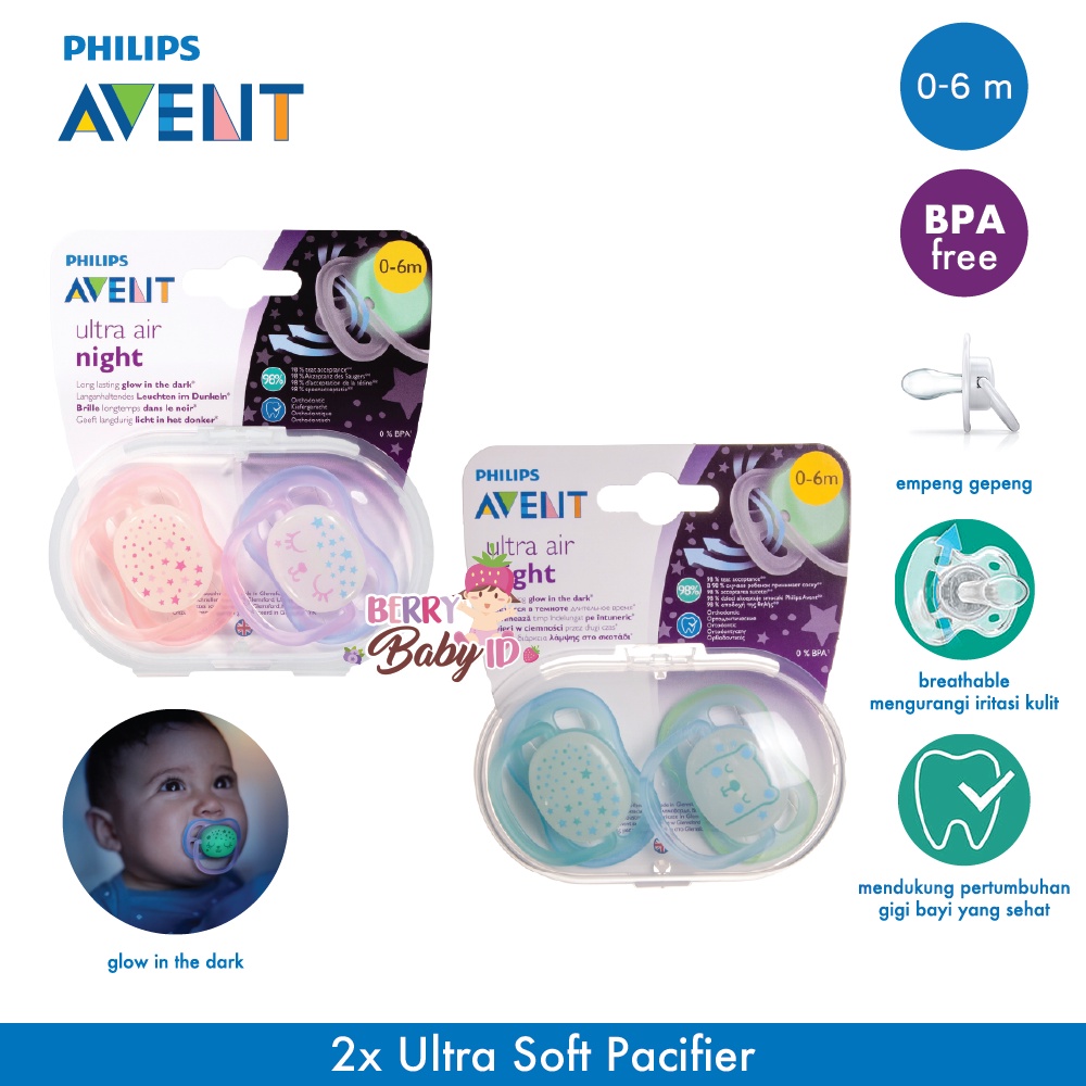 Philips Avent Ultra Air Night Empeng Bayi Soother Night Time 0-6 Month Berry Mart