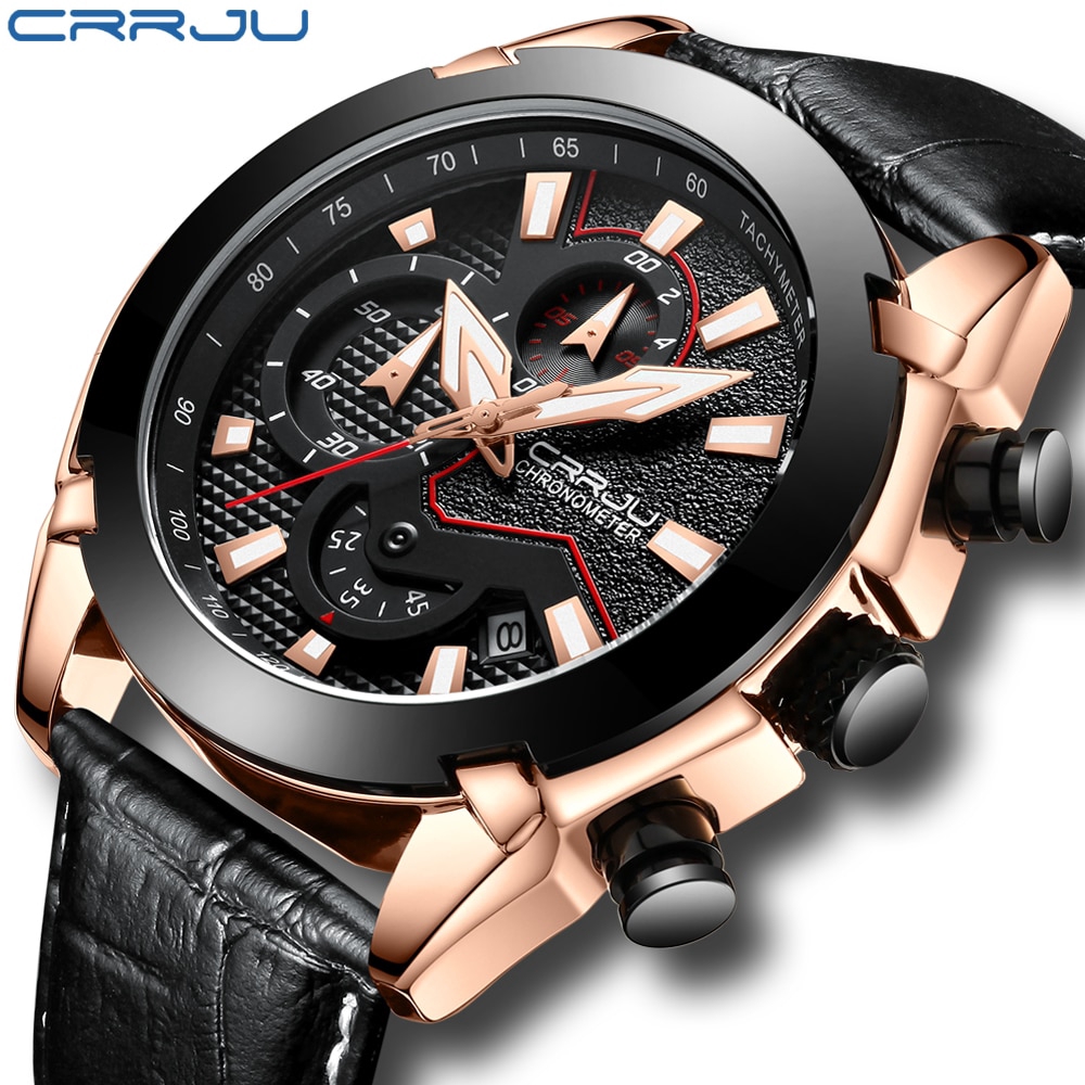 CRRJU Jam Tangan Sport / Militer Mewah Quartz Analog + Chronograph + Tanggal, Strap Kulit