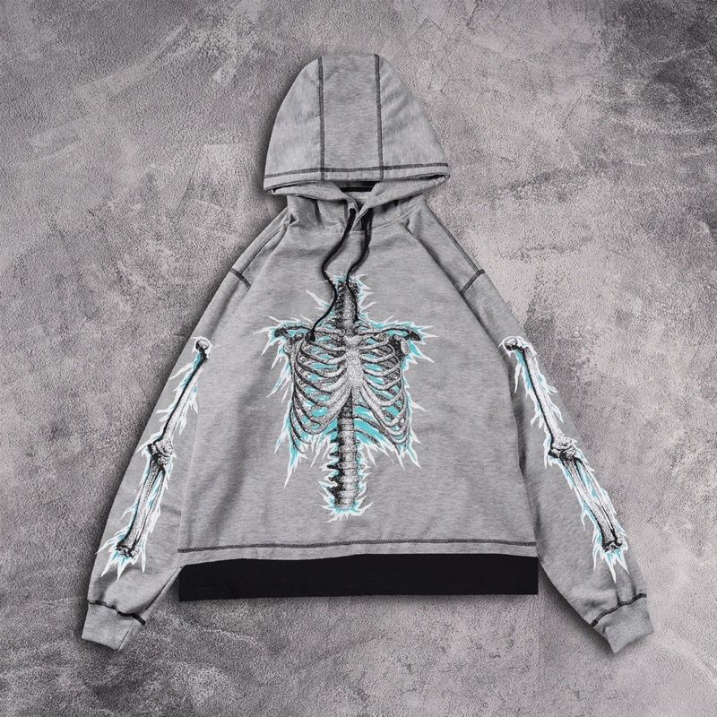 PLAIN BASIC JAKET HOODIE CROP DISTRO PREMIUM MOTIF BLUE SKELETON