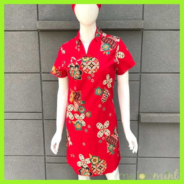 Melonmint Dress Batik Wanita Kerah Shanghai Cheongsam Warna Merah Kawung Bunga Hitam Hijau Grosir