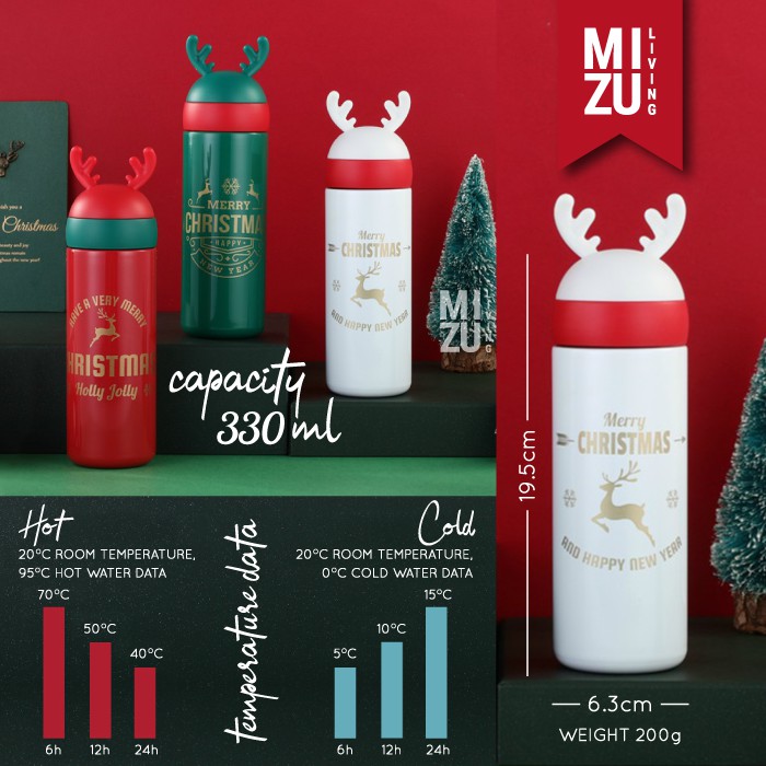 CHRISTMAS REINDEER Thermos Water Bottle Botol Air Minum Termos 300 330ml NATAL Vacuum Flask Tumbler-3