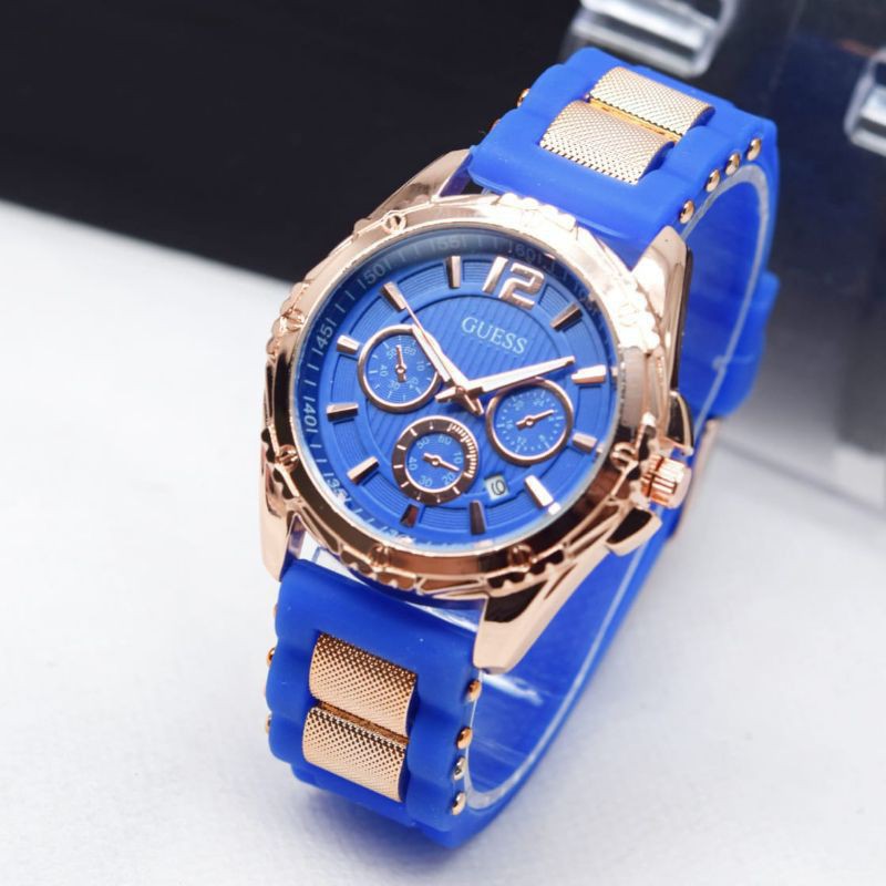 (Terima Cod)Jam Tangan Wanita FashionGuess Crono Variasi Tanggal Aktif Strap Rubber(Dikirim Jakarta)