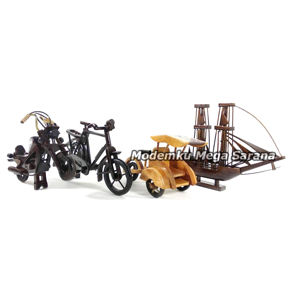 Paket isi 4 pcs - Miniatur dari kayu Harley Sepeda Onthel Becak Kapal Pinisi