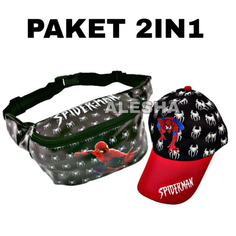 WAISTBAG ANAK,TAS SLEMPANG SPIDERMAN 2IN1 TOPI BORDIR