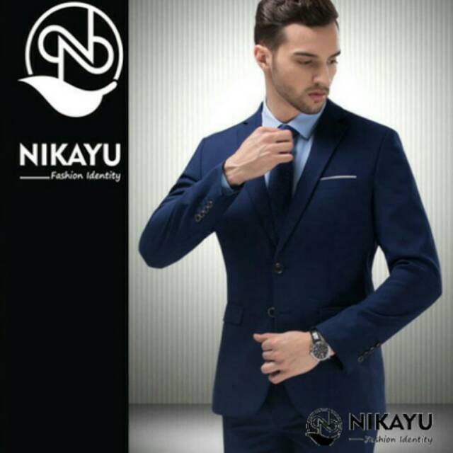 Jas Blazer Pria Slim Fit MODRIC NAVY [ NIKAYU Premium + Bonus Cover ]  Biru Dongker Formal List Puti