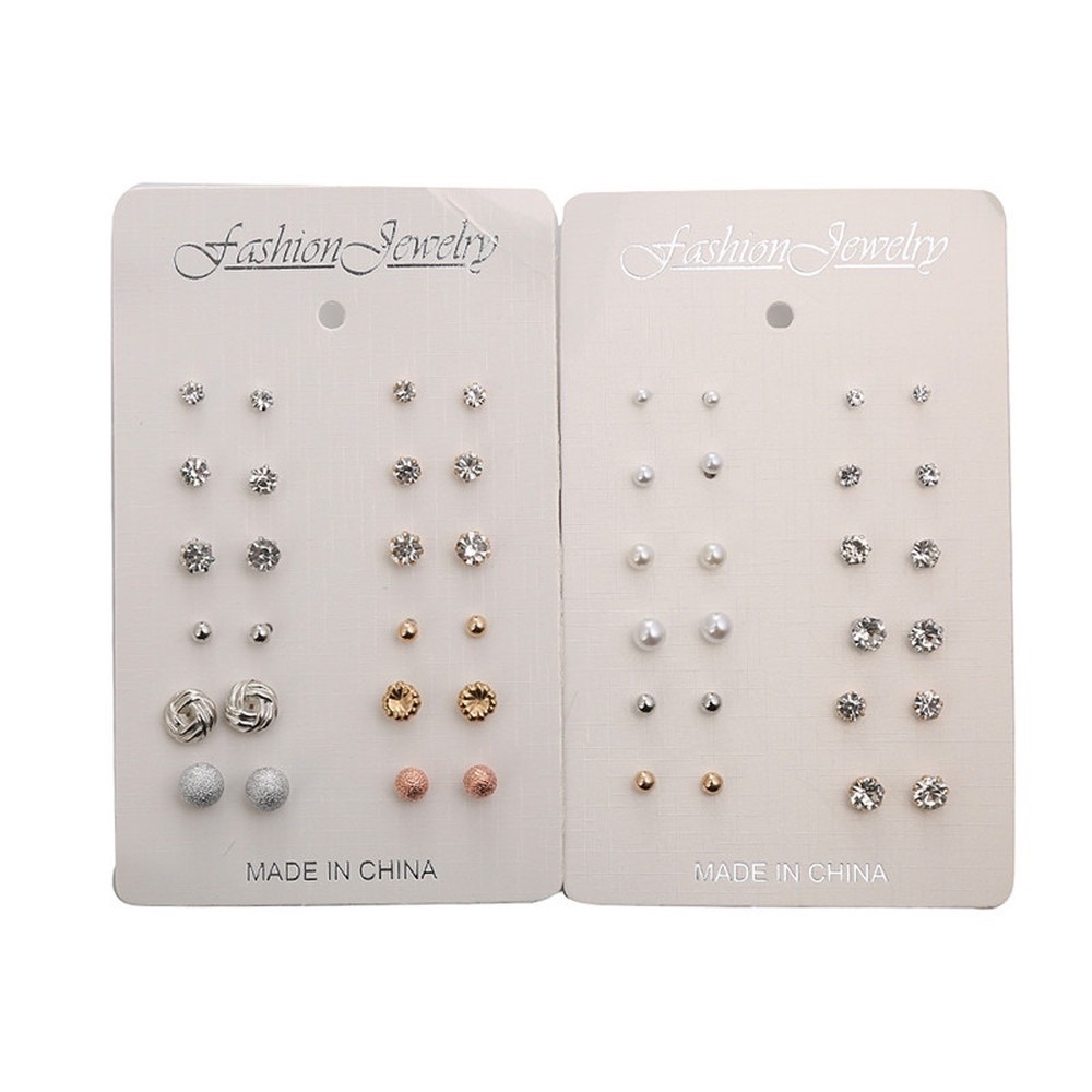 12 Pasang / Set Anting Tusuk Desain Bola Mutiara Berlian Kecil Warna Emas / Silver Untuk Wanita