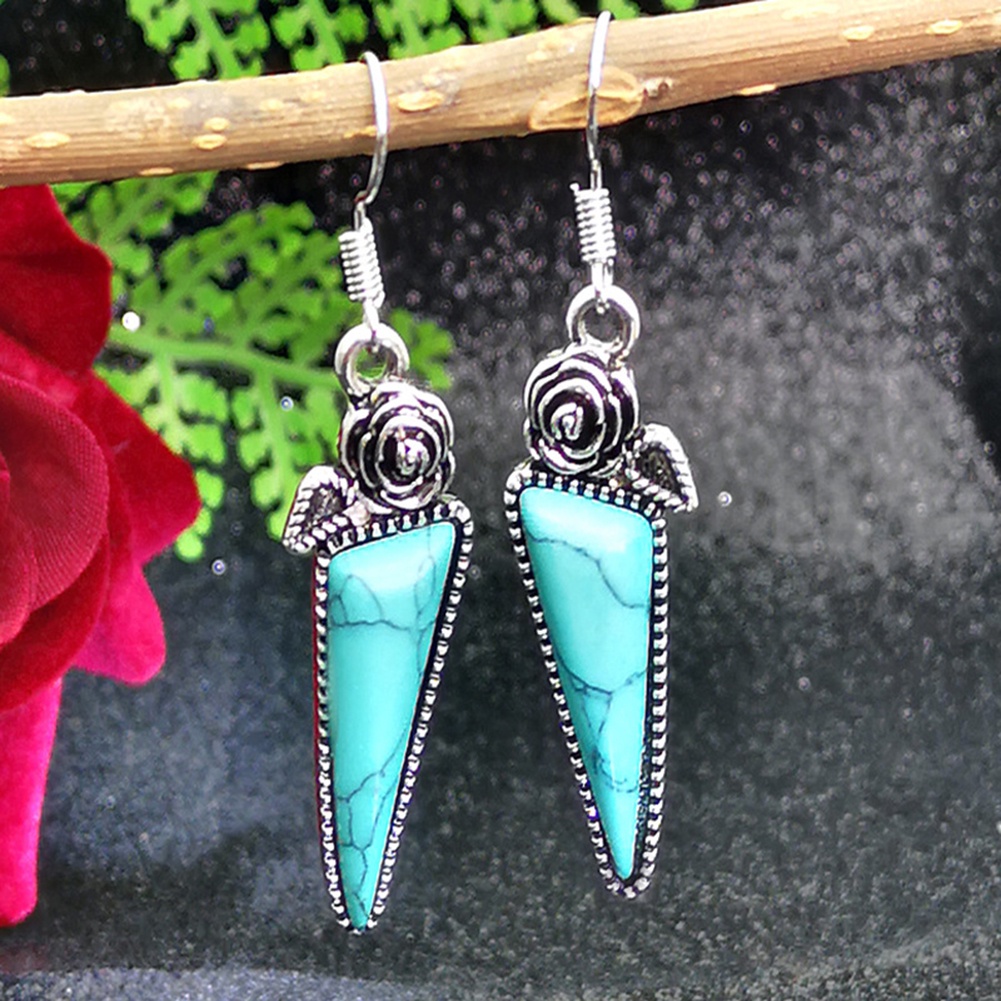 Hu Hu Hu Hu Hu Alat Bantu Pasang Kacamata♡ Anting Kait Gantung Desain Mawar Segitiga Hias Turquoise Imitasi Gaya Vintage Untuk Wanita