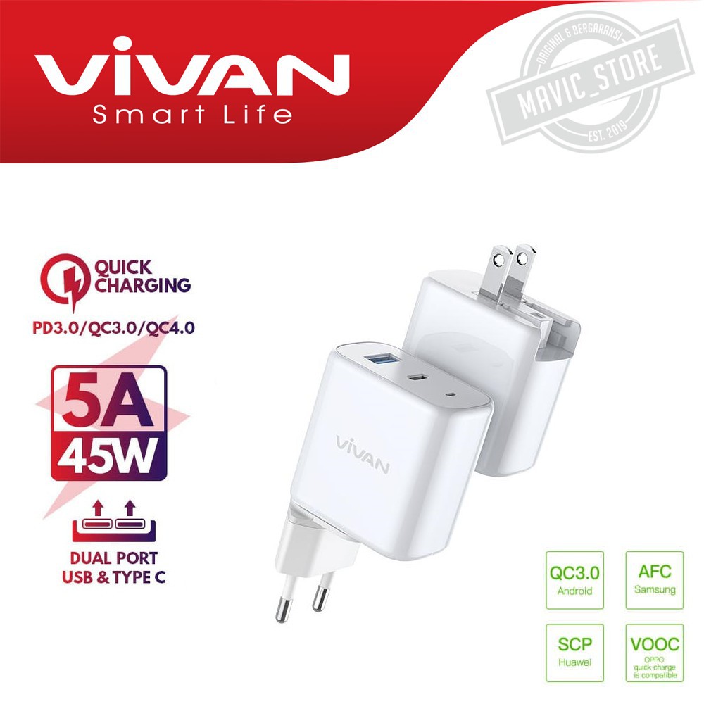 Charger Quick Charge VIVAN Power Boost Dual Port USB (QC3.0) &amp; Type-C (PD) 5A 45W - Garansi 1 Tahun