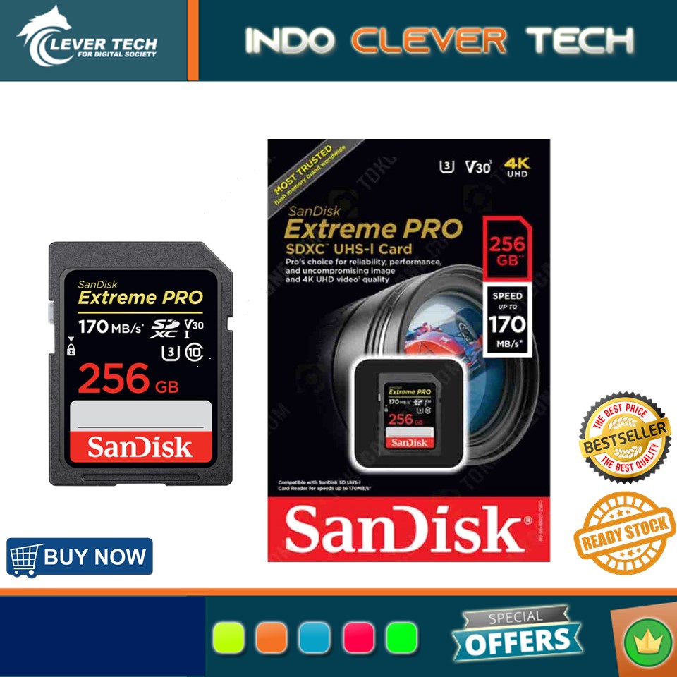 SanDisk SDXC Extreme Pro U3 V30 170MBps - 256GB For 4k