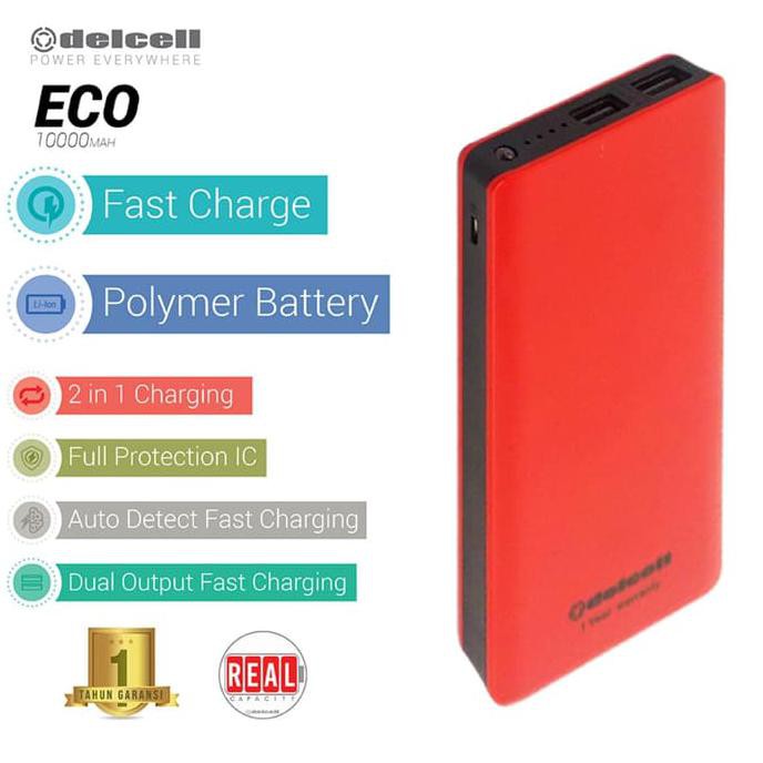 Powerbank Delcell Eco Power Bank Slim 10000 Mah Real Capacity + Senter