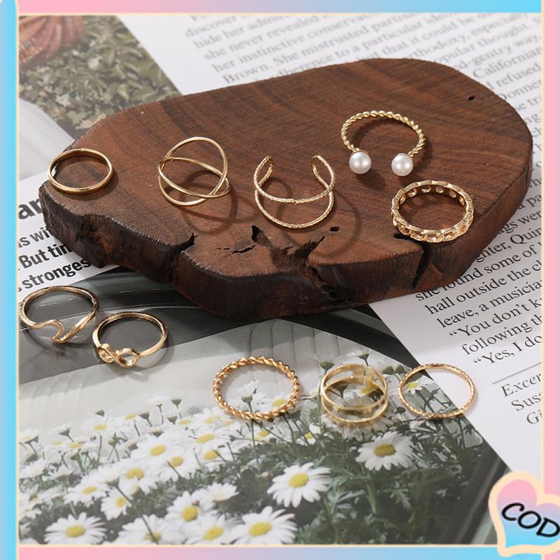 COD❤️10 Buah Set Wanita Kreatif Sederhana Manik-manik Ganda Cincin Gabungan Geometri Gelombang Mutiara-A.one