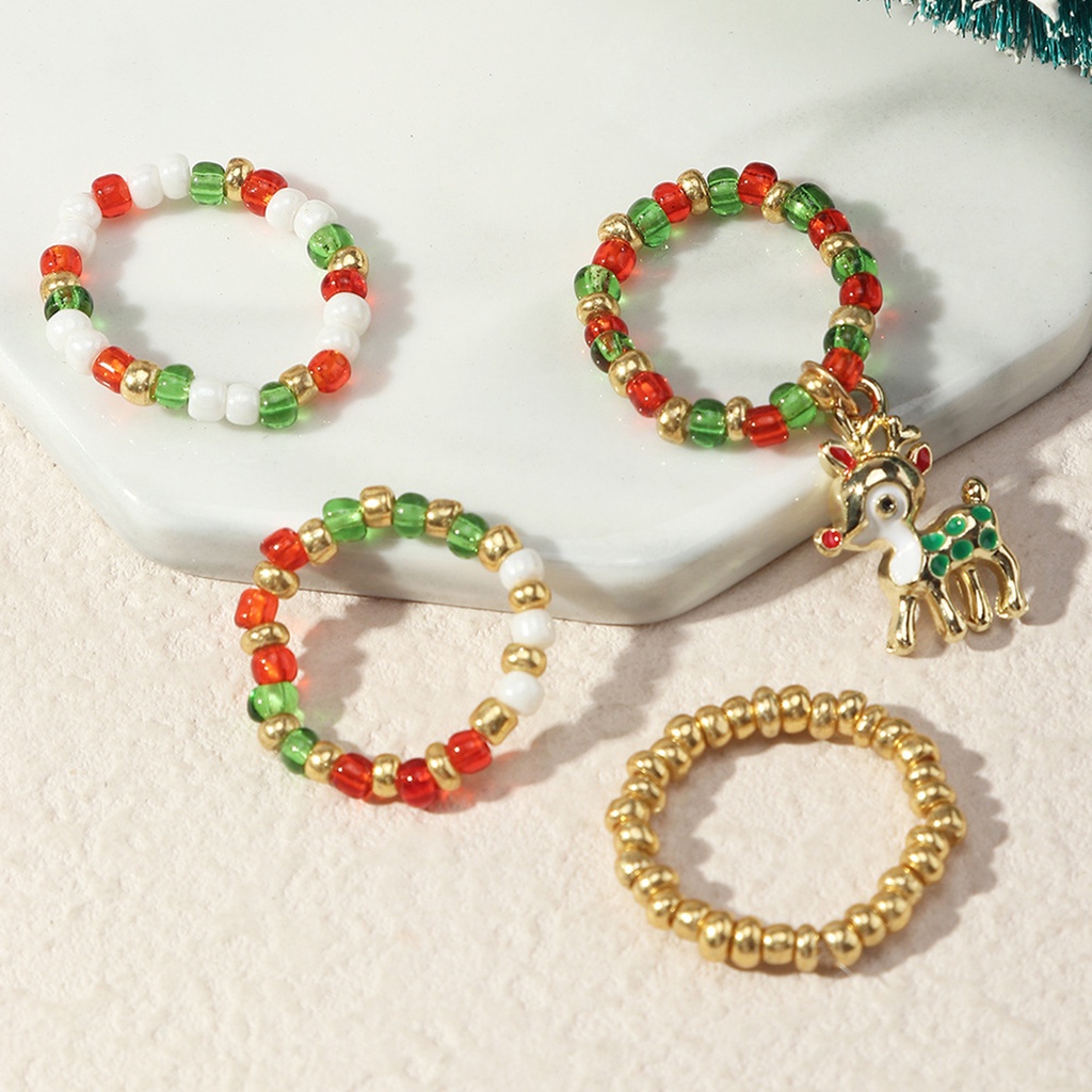 Hu Hu Hu Hu Hu Alat Bantu Pasang Kacamata♡ 4pcs / Set Cincin Manik-Manik Bentuk Rusa Natal Untuk Wanita