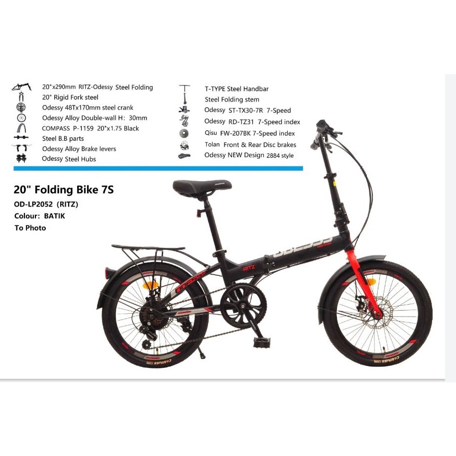 Sepeda Lipat Odessy RITZ 20 Inch 7 Speed Alloy Garansi SNI-Black Red