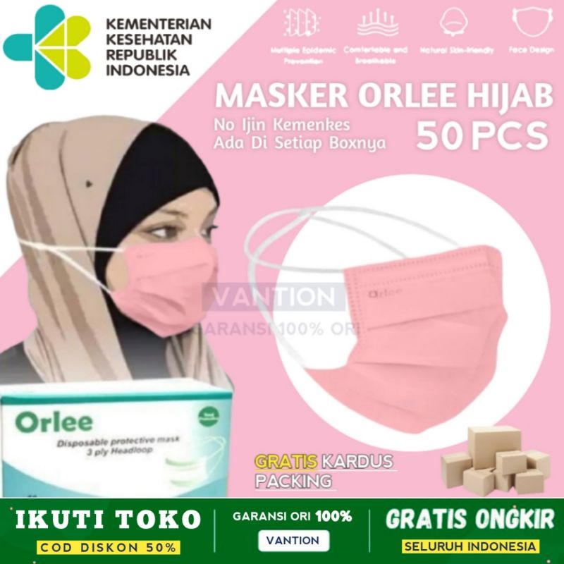 Masker Hijab Orlee Medis Pink 3ply 3 Ply Headloop 3D Emboss ijin Resmi Kemenkes isi 50 Pcs