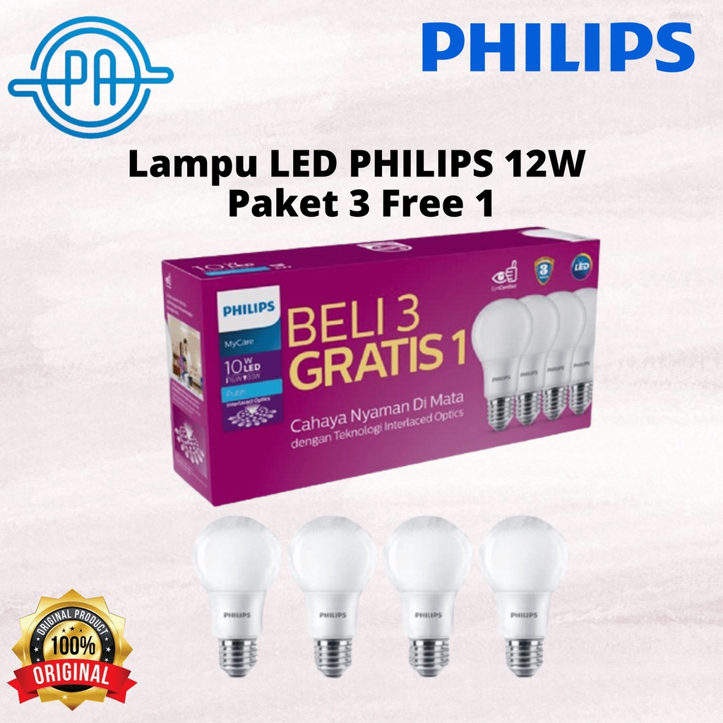 Lampu LED Bulb PHILIPS 12W Paket 3 Free 1 - 12 W Watt 12Watt