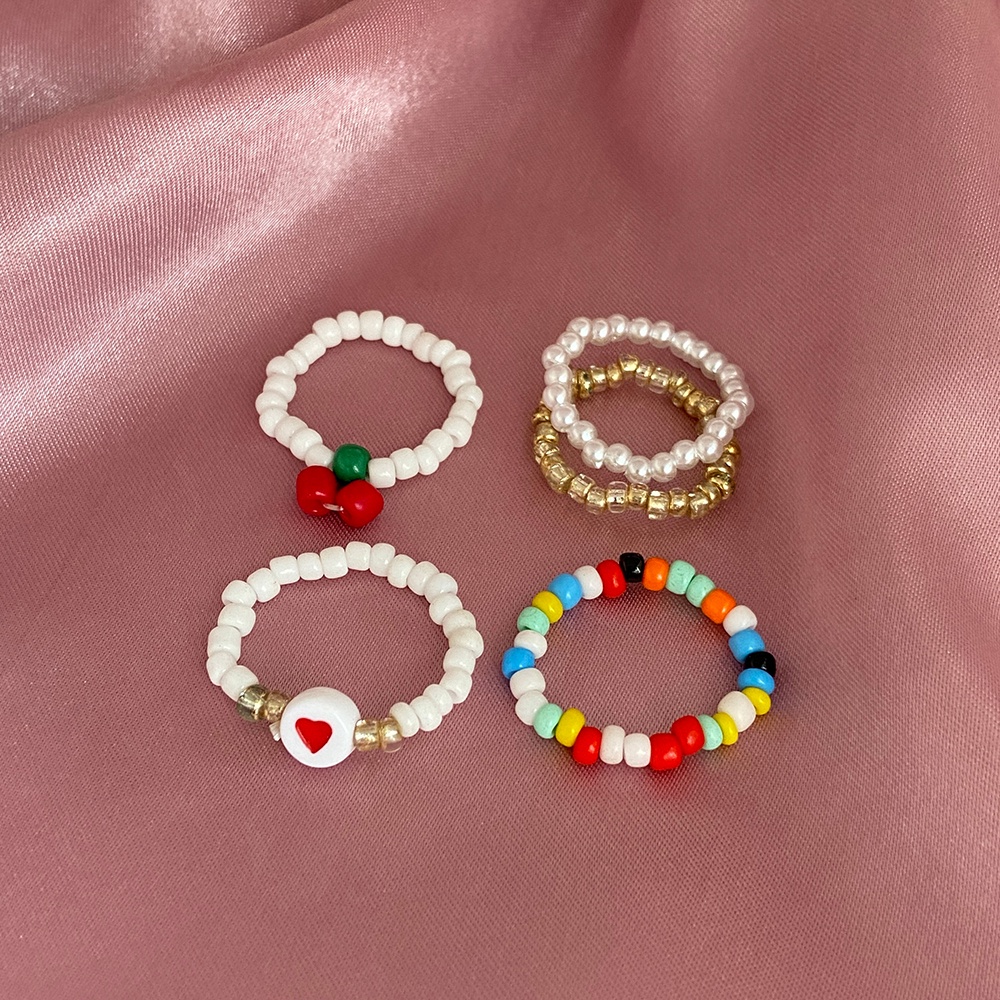 5Pcs/set Korean Fashion Beads Ring Set Ins Colorful Cherry Heart-shaped Rings Women Jewelry Accessories