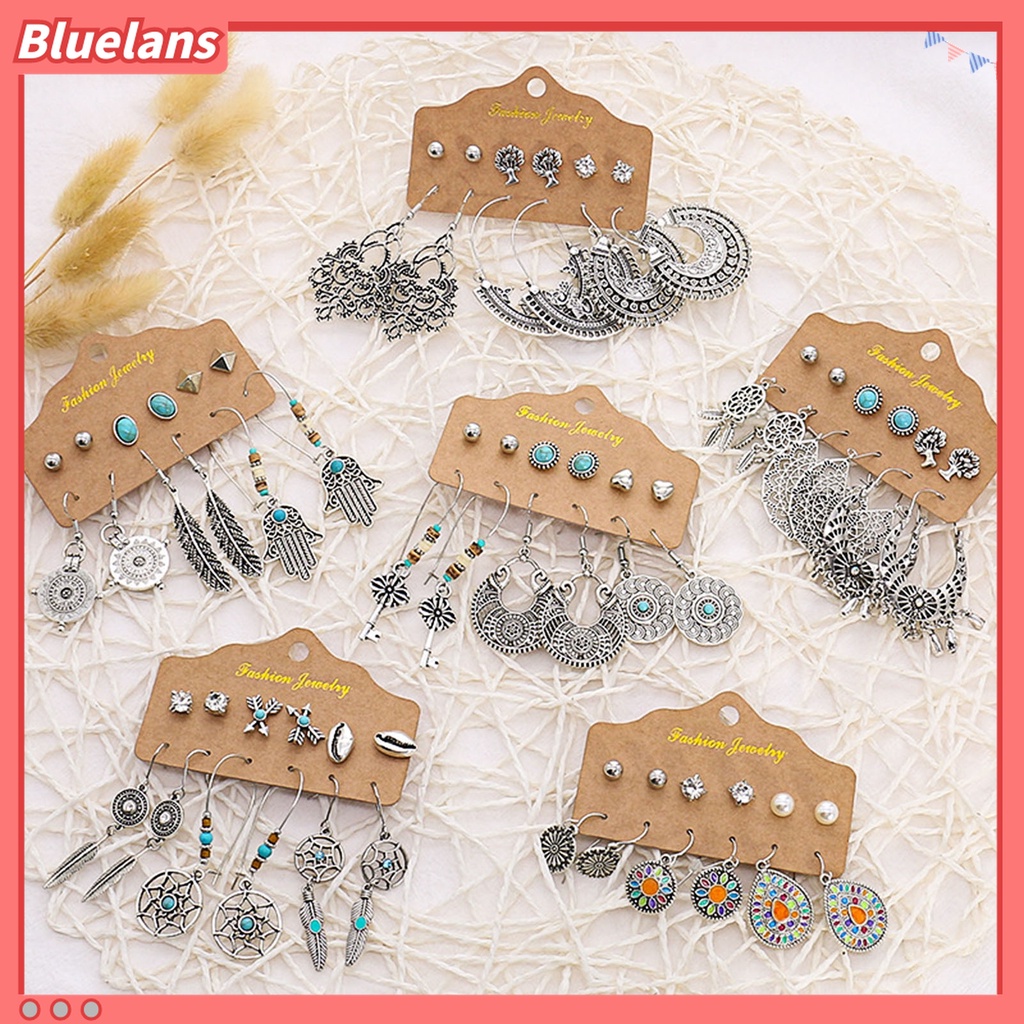 6 Pasang Anting Tusuk Gantung Desain Daun Hollow Bahan Alloy Gaya Etnik Untuk Wanita