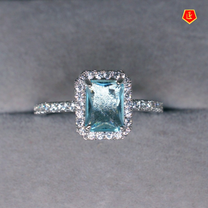 [Ready Stock]Simple Personality Topaz Square Blue Diamond Ring