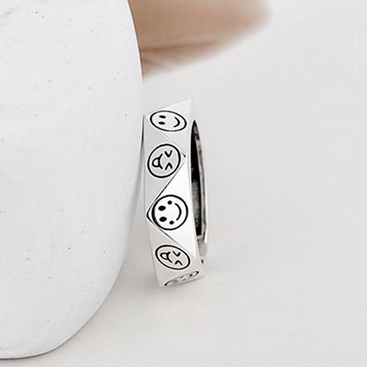 Rock Metal Geometry Circular Smile-Face Adjustable Rings Punk-Style Women Lovers Aesthetic Girl Accessories Party Jewelry