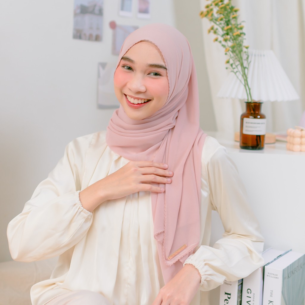 Lozy Hijab - Embroidery Signature Shawl Series 2 ( Pashmina Bordir Lozy x Hamidah )-Pink Peach