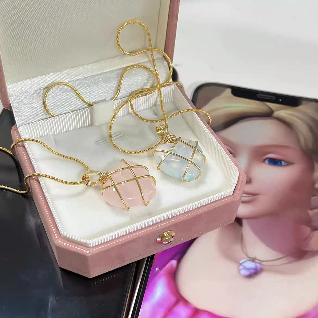 Kalung Rantai Liontin Batu Opal Bentuk Hati Warna Rose Gold Untuk Wanita