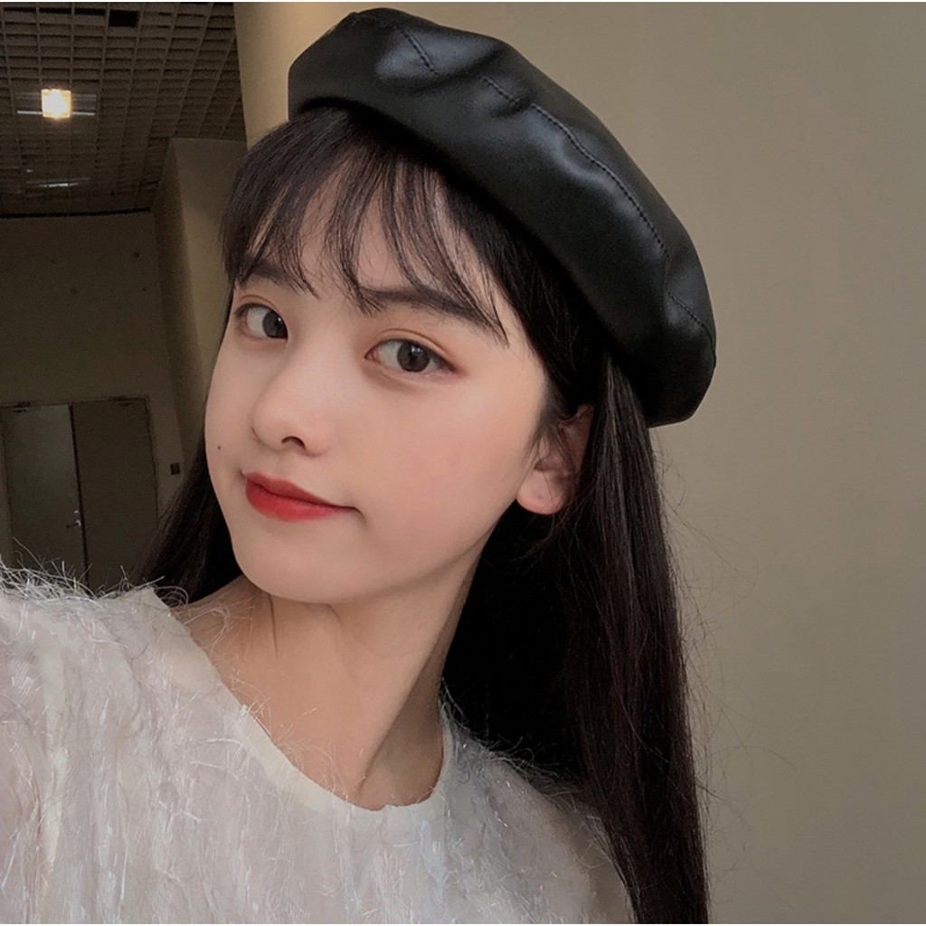 BEKP topi beret baret topi mangaka komikus kulit imitasu pu leather korea wol winter musim dingin