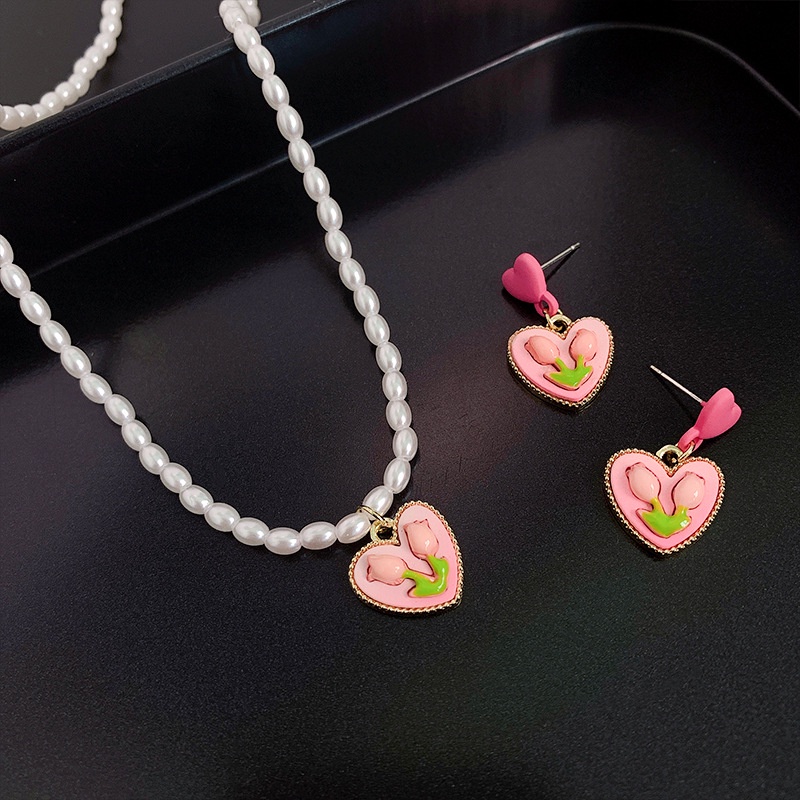 Kalung Anting Manik-Manik Bunga Tulip Warna Pink Gaya Korea Untuk Wanita