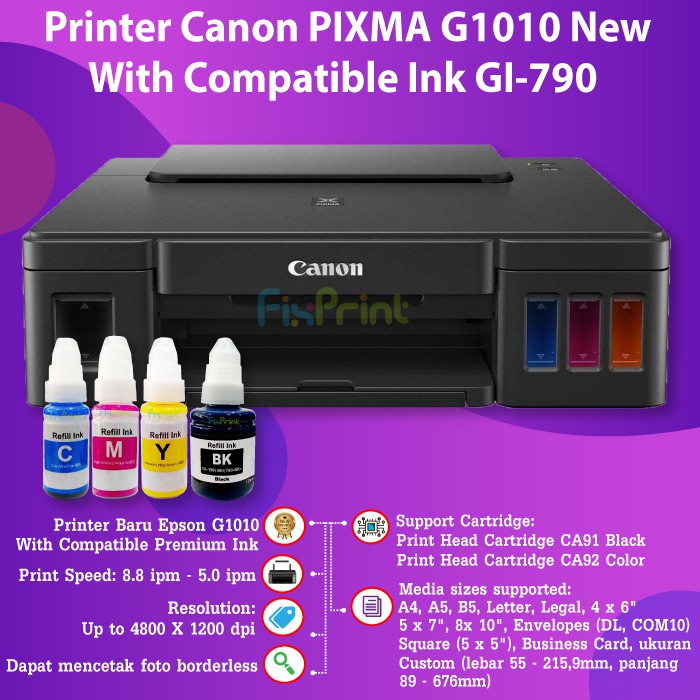 Printer Canon G1010 Ink Tank G-1010 Infus Pabrik Head CA91 CA92 Tinta GI790