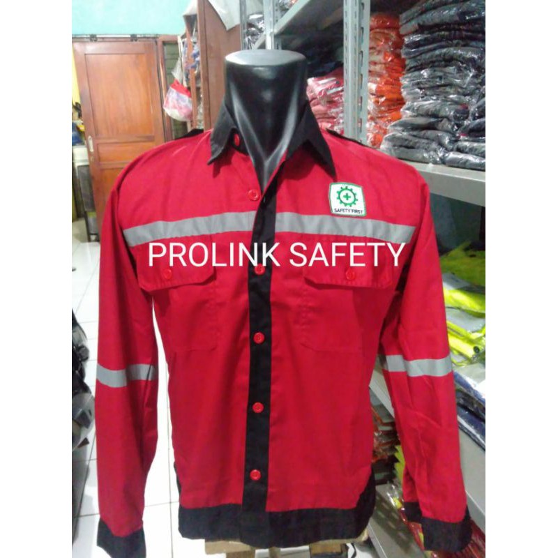 SERAGAM BAJU SAFETY MERAH LIST HITAM FREE LOGO K3 BENDERA KAIN DRILL TEBAL ADEM PREMIUM KANCING