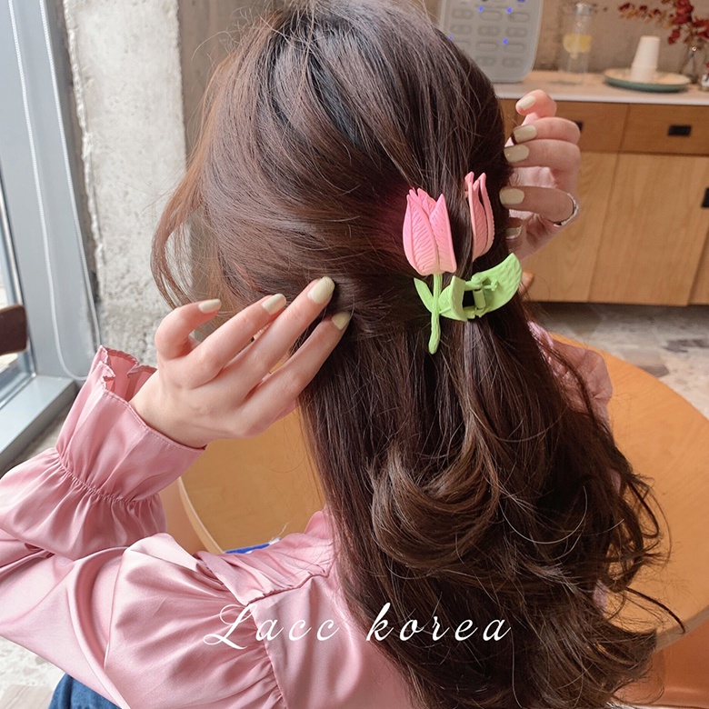 Jepit Rambut Bentuk Bunga Tulip Warna Pink Bahan Alloy Untuk Wanita