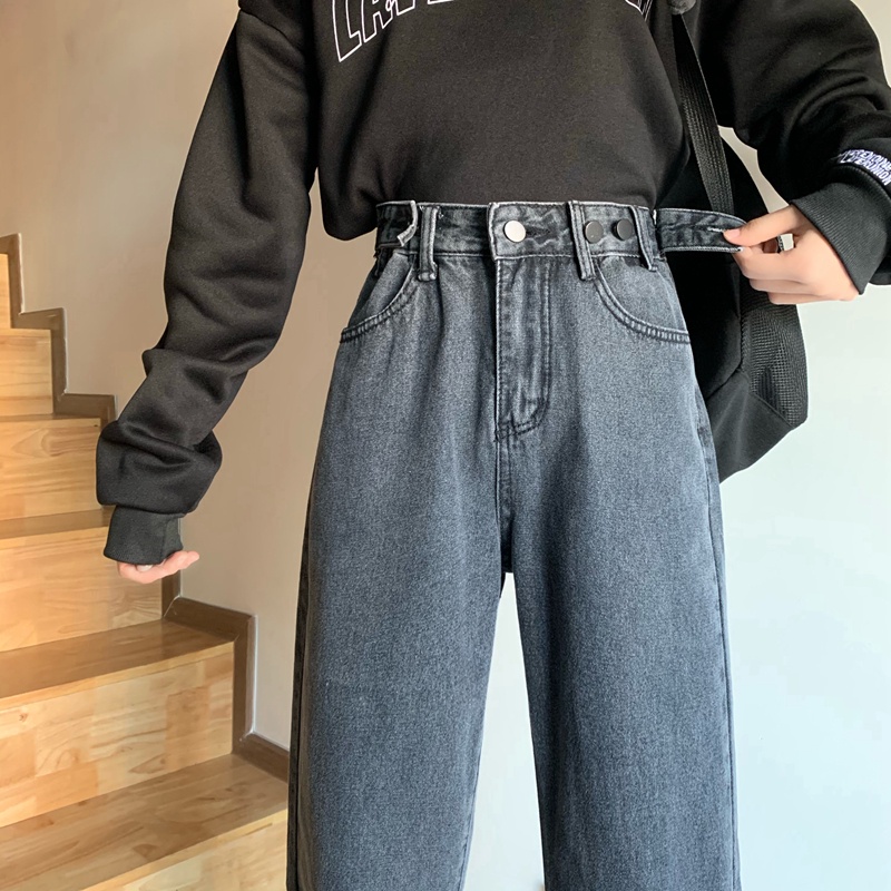 Celana Jeans Hitam Abu-abu Wanita High Waist Straight Pants Korean Style