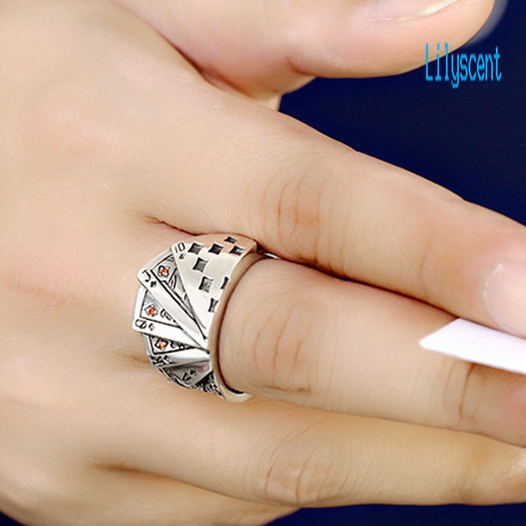 Cincin Model Terbuka Lapis Silver Dapat Disesuaikan Motif Kartu Poker Gaya Punk Untuk Pria