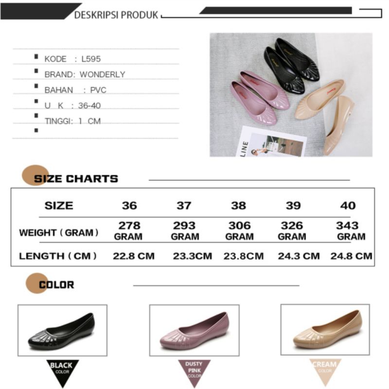 L595 [WONDERLY] Flat Shoes Jelly Wanita Sepatu Kantor Karet Sepatu Kantor Anti Air Sepatu Flat Shoes Karet Sepatu Formal