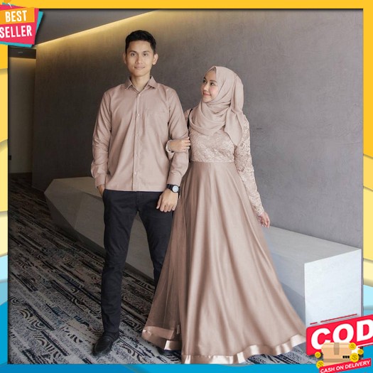 Set Couple Gamis  M L Xl Dress Gamis Brokat Baju Cuple Pasangan Gaun Pesta Lamaran Tunangan Seseraha