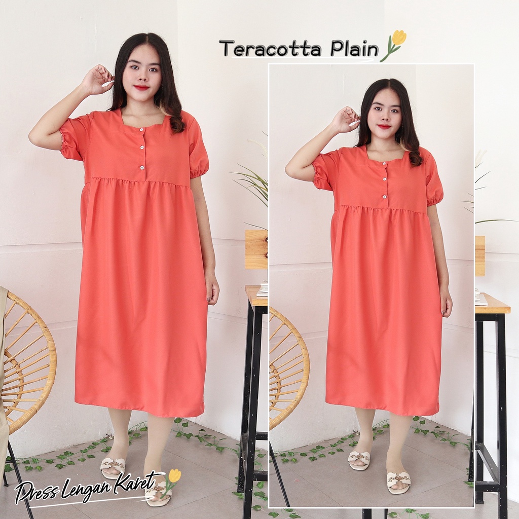 IZANY  Daster Dewasa Lengan Karet / Dress Wanita Lengan Karet Polos Plain-TERACOTTA PLAIN