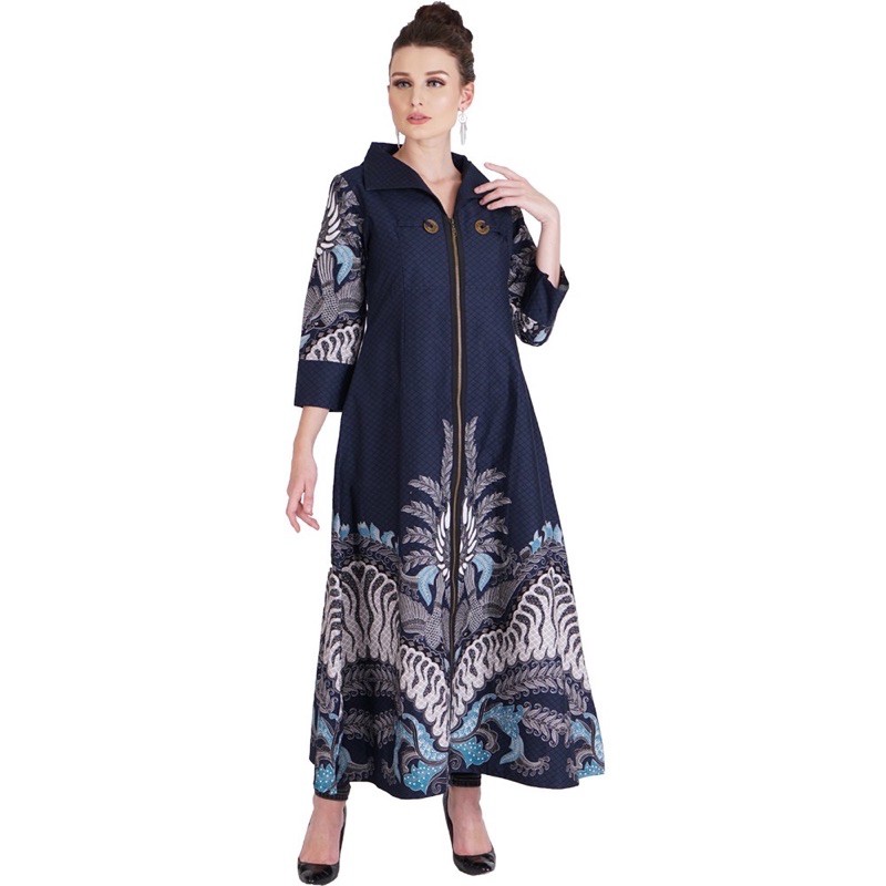 GAMIS BATIK AKSARA PREMIUM FULL TRIKOT LONG DRESS NAVY BIRU DONGKER KATUN PRIMISSIMA 728184 CAP 72