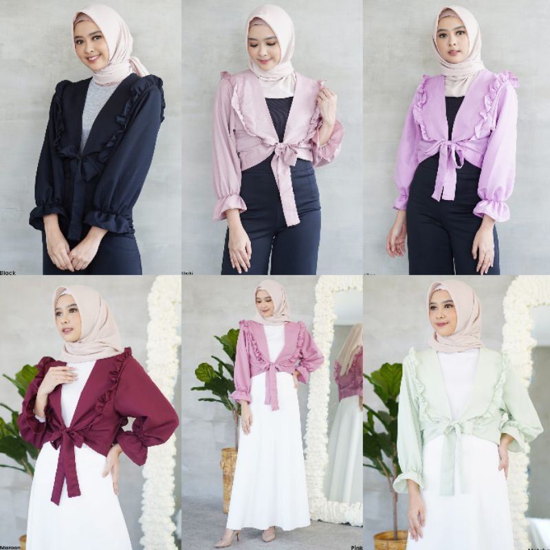 Outer Crop Ruffle Taylor Wanita Muslim Hijabers Lengan Panjang Polos Tali Ikat Depan