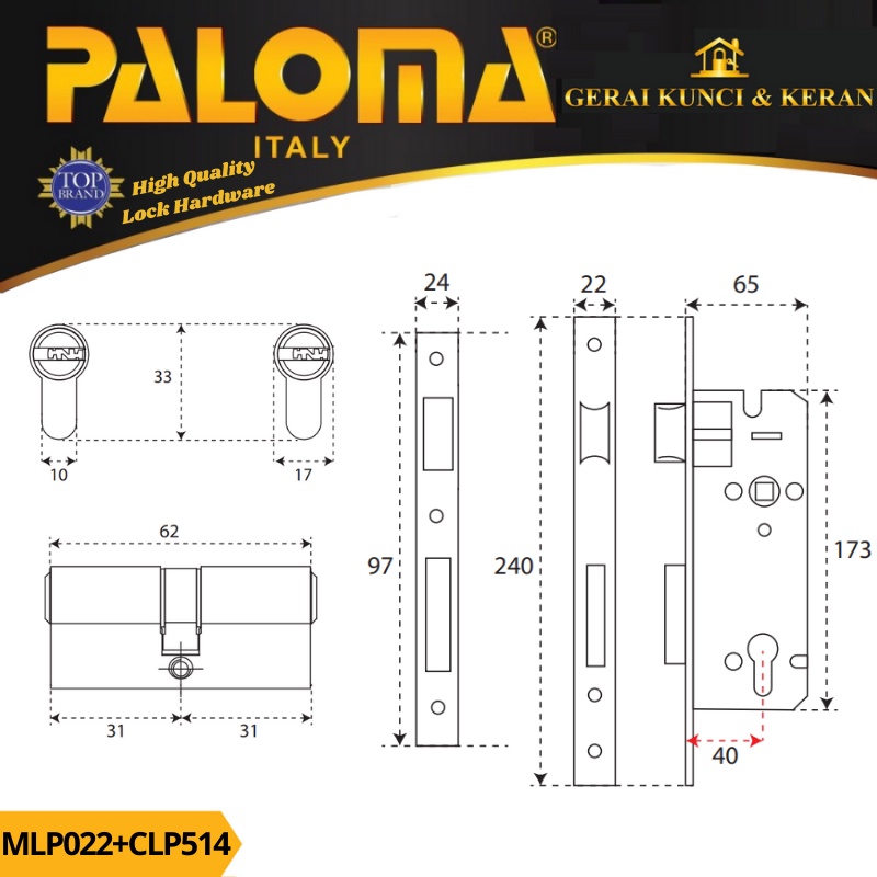 PALOMA MORTISE LOCK SET CYLINDER MLP 022 CLP 514 BODY KUNCI SWING BACKSET 40MM CYLINDER 62MM KOMPUTER KEY